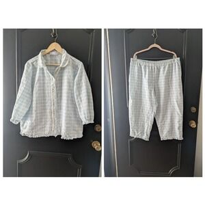 VTG Pajama Set Blue Plaid Seersucker Lace Ruffle Crop Pants Womens XL Cottage